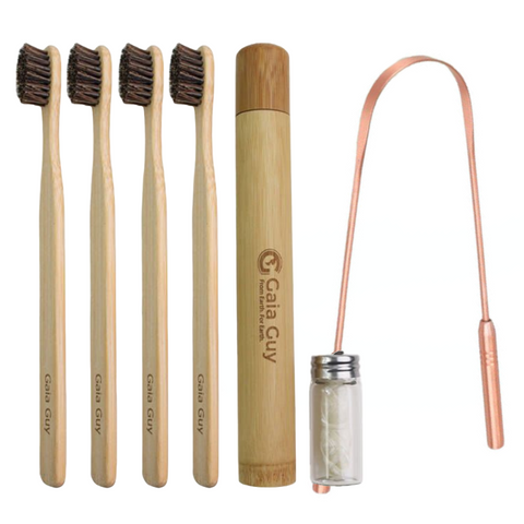 Eco Dental Kit | Bamboo and Horsehair Bristle Toothbrushes + Silk Floss + Travel Case + Copper Tongue Scraper | Zero Waste Bathroom