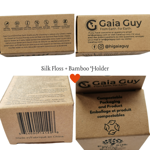 Gaia Guy Natural Unflavored Silk Dental Floss with Floss Refill & Reusable Bamboo Holder | 2 x 33yds