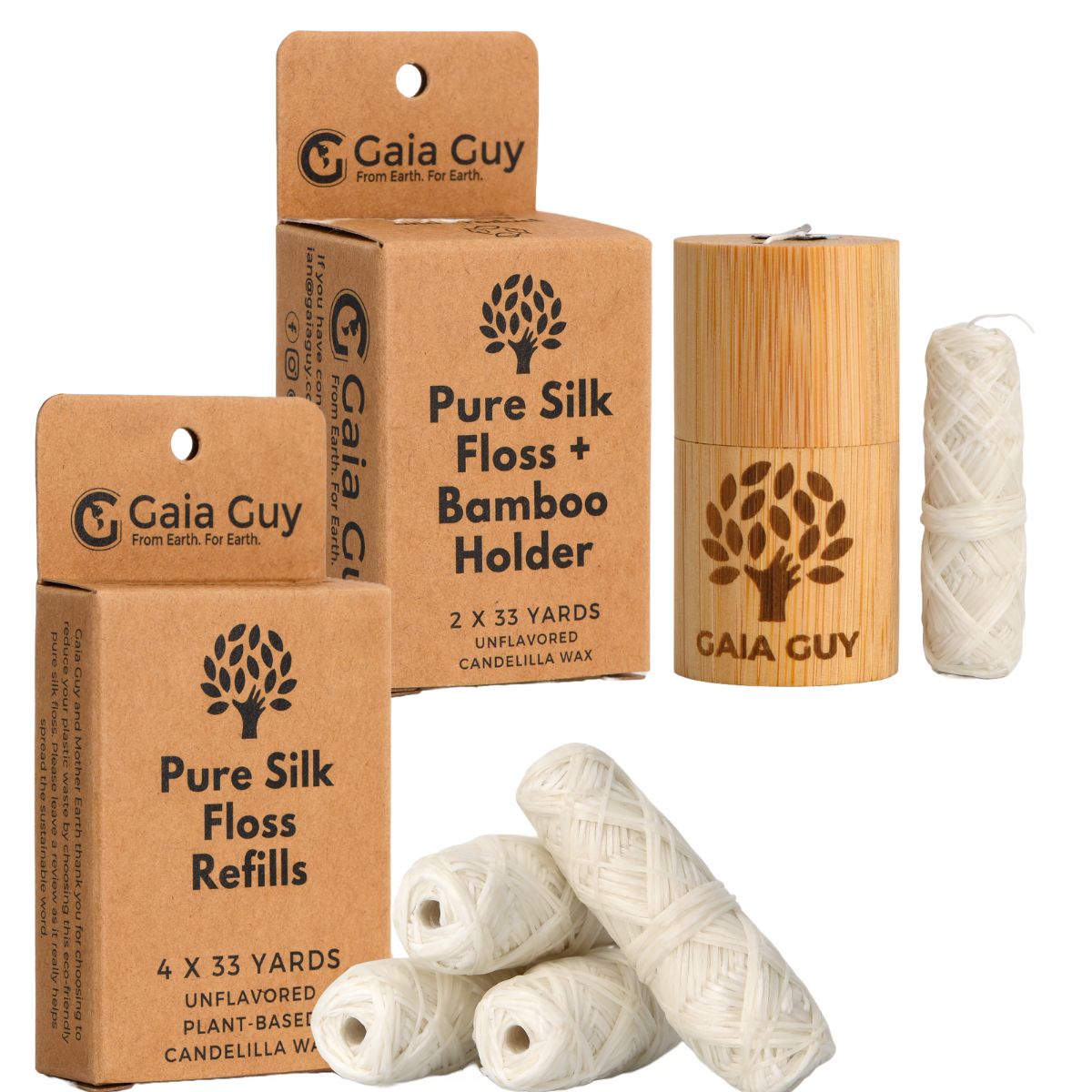 Silk Dental Floss Bundle | Unflavored Natural Silk 6 spools x 33yds | Reusable Bamboo Holder