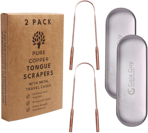 Copper Tongue Scraper with Metal Case - 2 Pack - Plastic Free Tongue Scrapers