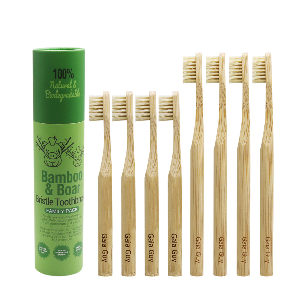 Natural Bristle Bamboo Toothbrush 8-Pack (NO Nylon - Boar Hair ONLY) - Compostable - For Kids & Adults