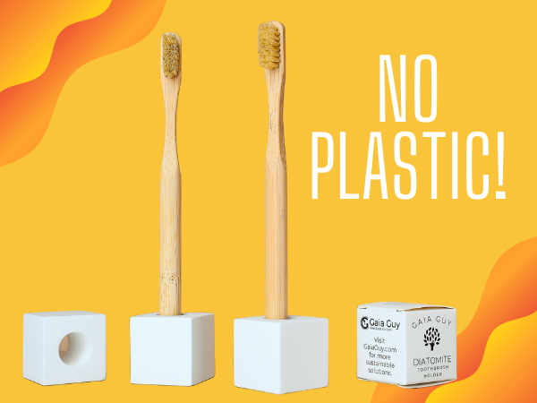 Natural Bristle Toothbrush and Stone Cube Holder