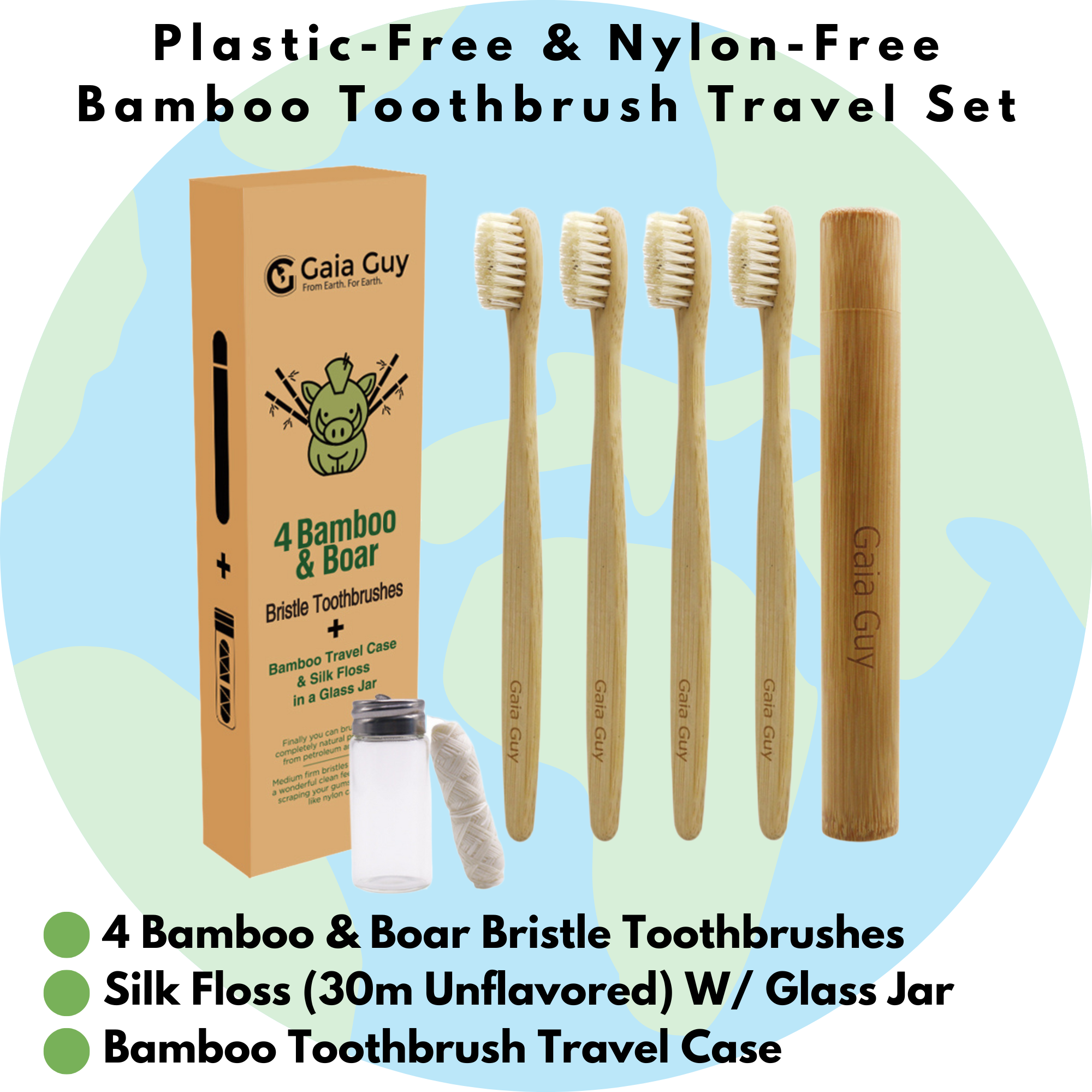 Bamboo and Boar Bristle Toothbrush 4-Pack, Bamboo Toothbrush Travel Case, 30m Silk  Floss | Nylon-Free Natural Bristles and Silk Floss | Plastic-Free