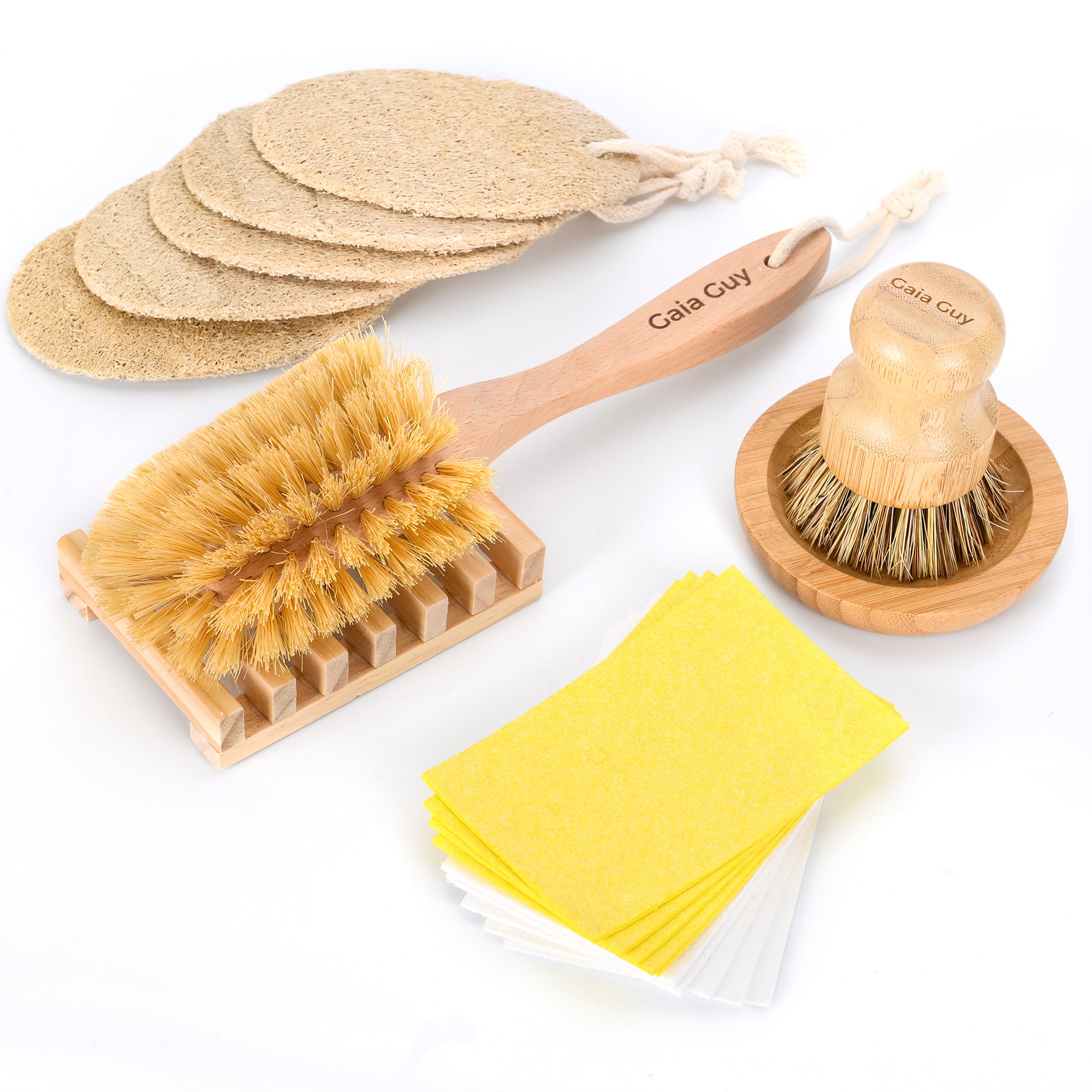 Zero Waste Kitchen Kit: Bamboo Pot Scrubber, Wood Dish Brush, Loofah Sponges, Plastic-Free Cellulose Sponges, Bamboo Brush Holder, Wood Soap Tray