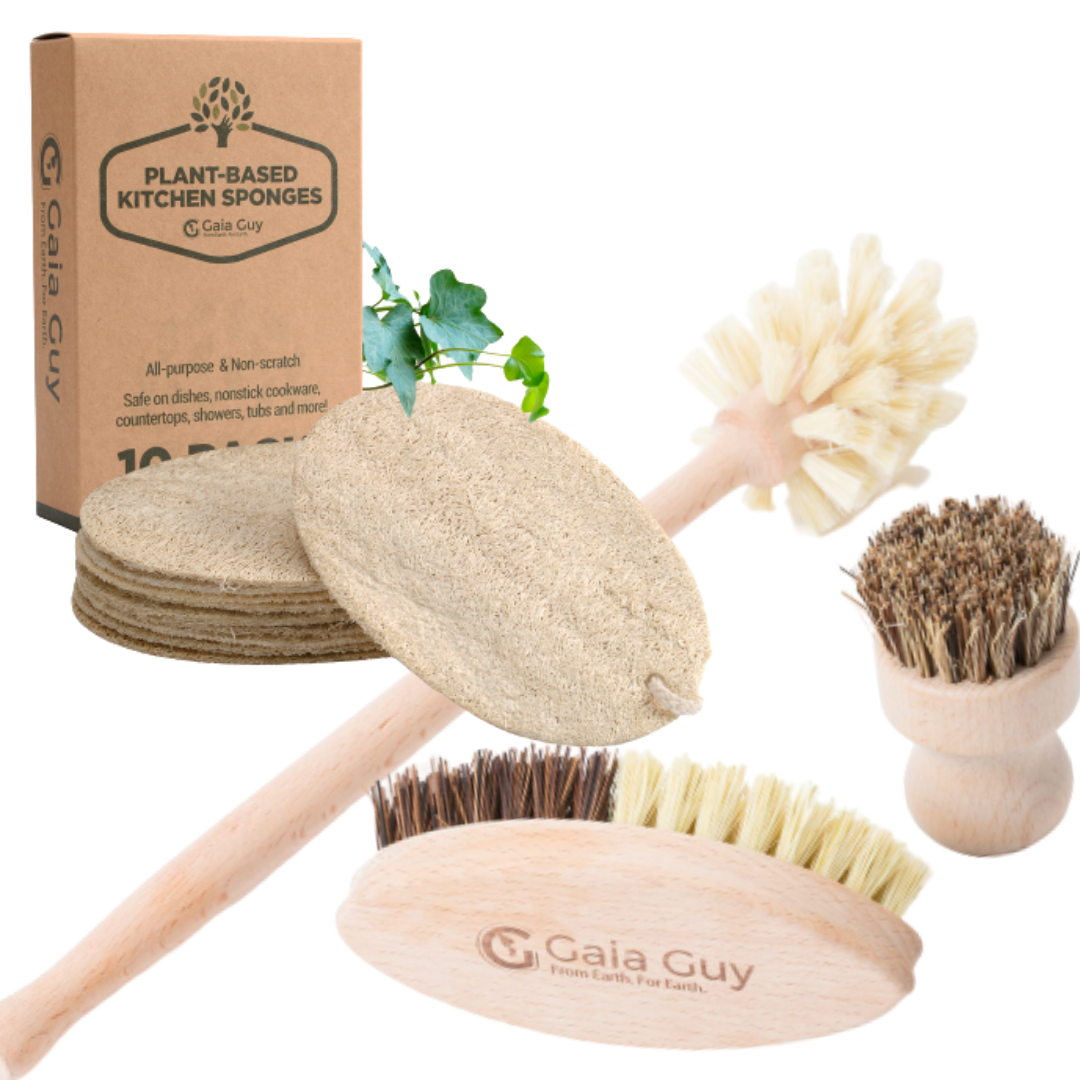 Zero Waste Kitchen and Bath Set - Plant Based Brushes and Loofah Sponges Plastic-Free Kit