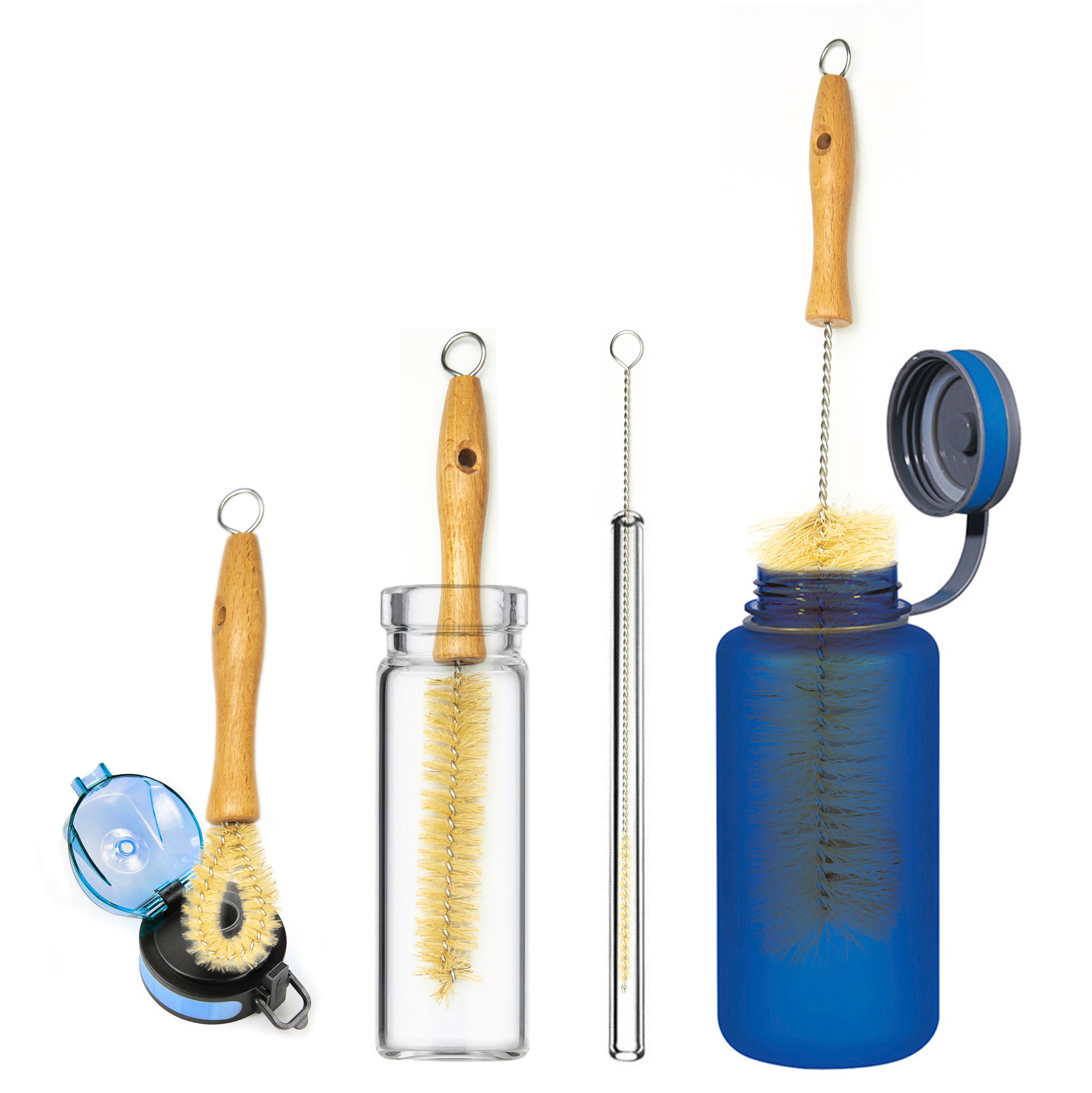 Plant-Based Bristle Bottle Brush and Straw Set (NO PLASTIC) Sisal Bristles, Wood Handles and Stainless Steel Bottle Cleaners